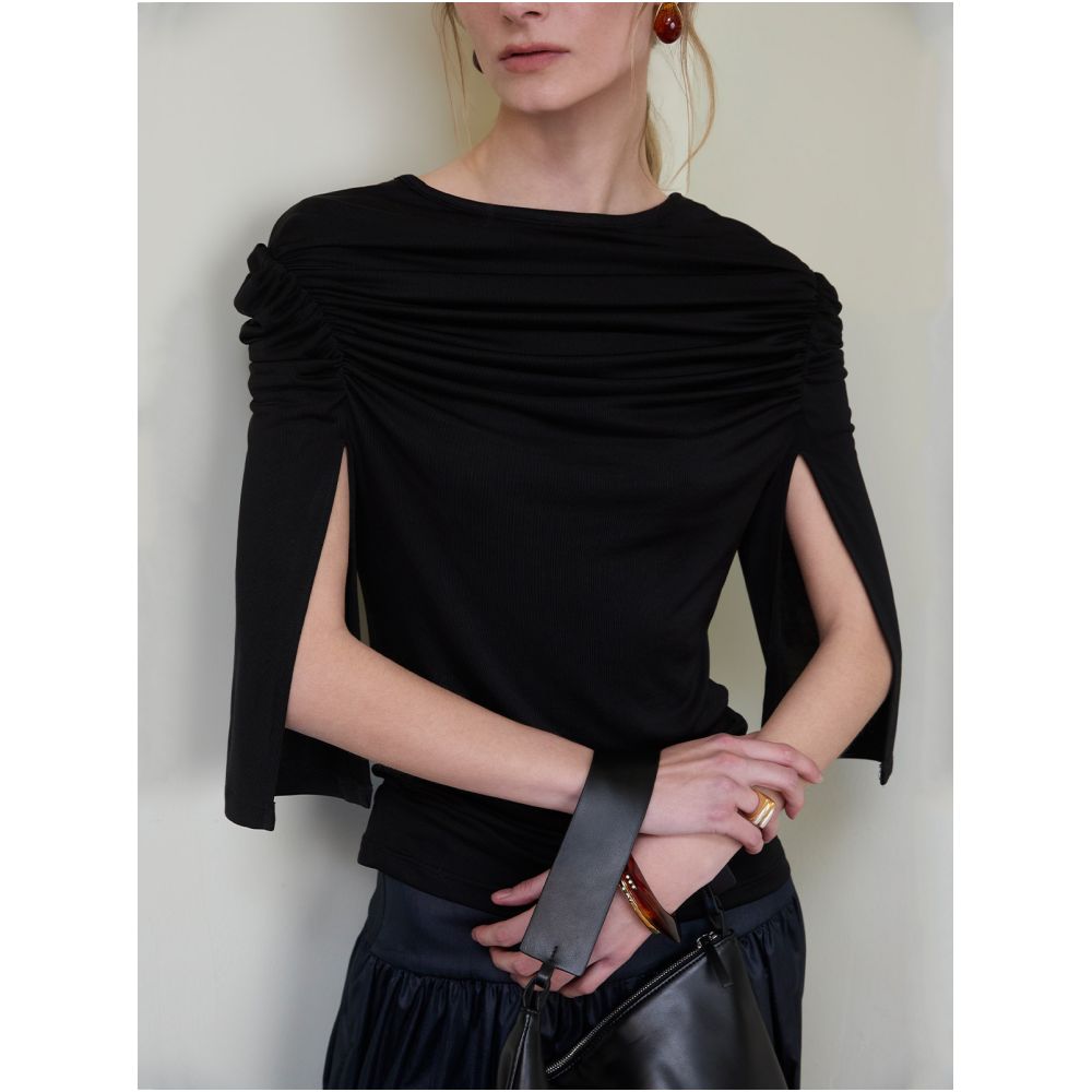 SIP CLASS Designer Brand Black Crew Neck Short Sleeve T Shirt Women s Top with Shoulder Pleats Slimming Waist and Mid Length Sleeves image 3
