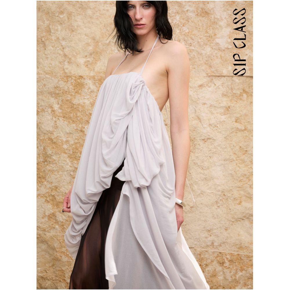 SIP CLASS designer brand halter neck off shoulder backless mesh dress summer pleated drape skirt image 0