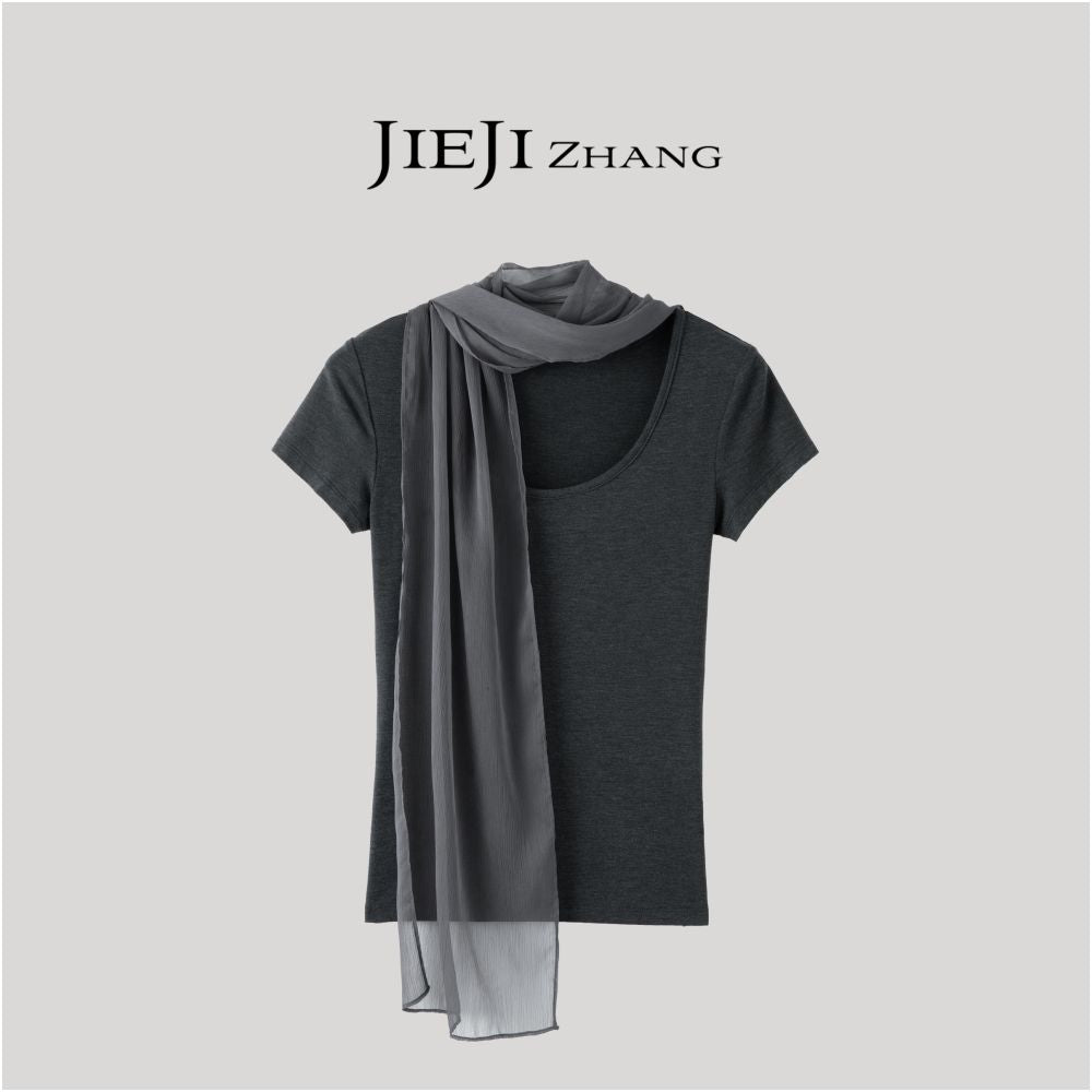 ASAYA7550 – Noir Scarf Draped Top 🖤✨