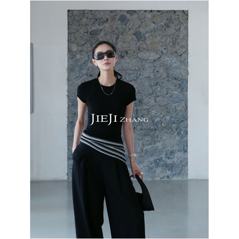Zhang Qi JIEJI Summer Retro Striped Patchwork Asymmetrical Hem Elegant Top Tencel Acetate Round Neck Women s Short Sleeve T Shirt image 0