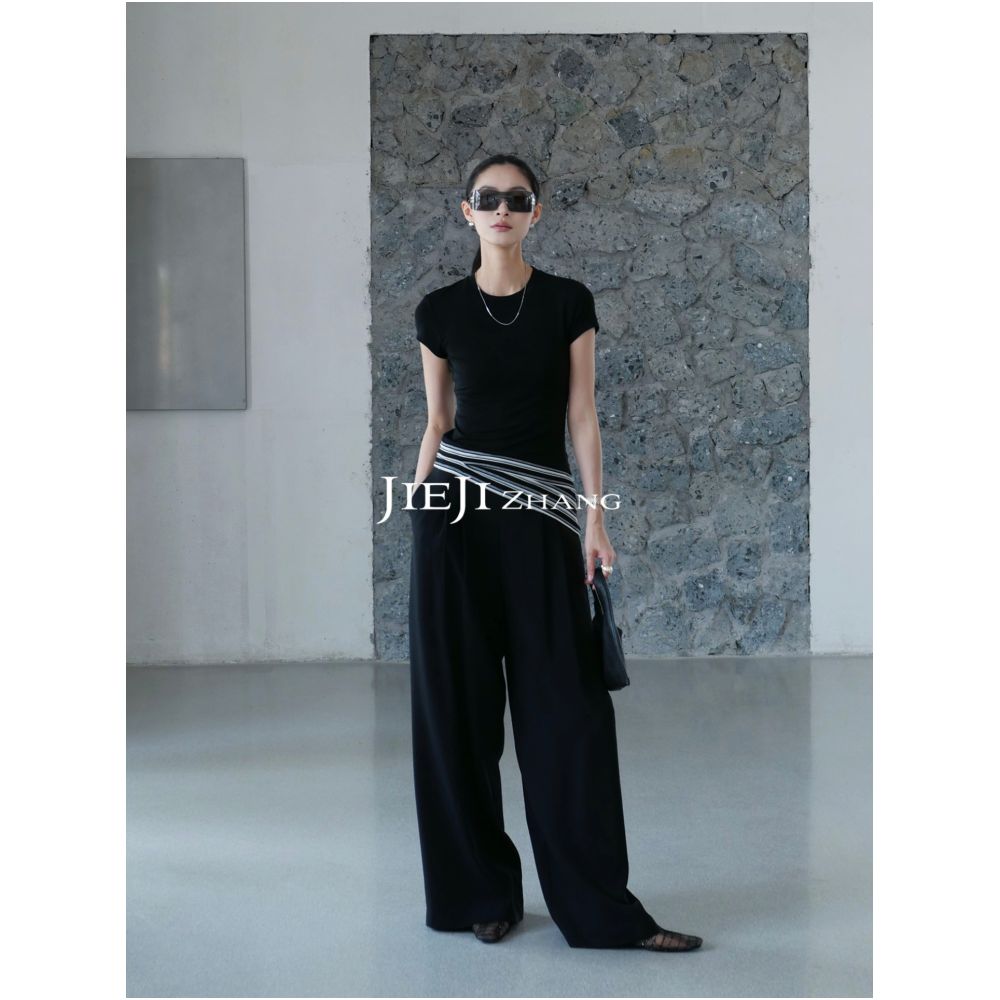 Zhang Qi JIEJI Summer Retro Striped Patchwork Asymmetrical Hem Elegant Top Tencel Acetate Round Neck Women s Short Sleeve T Shirt image 1
