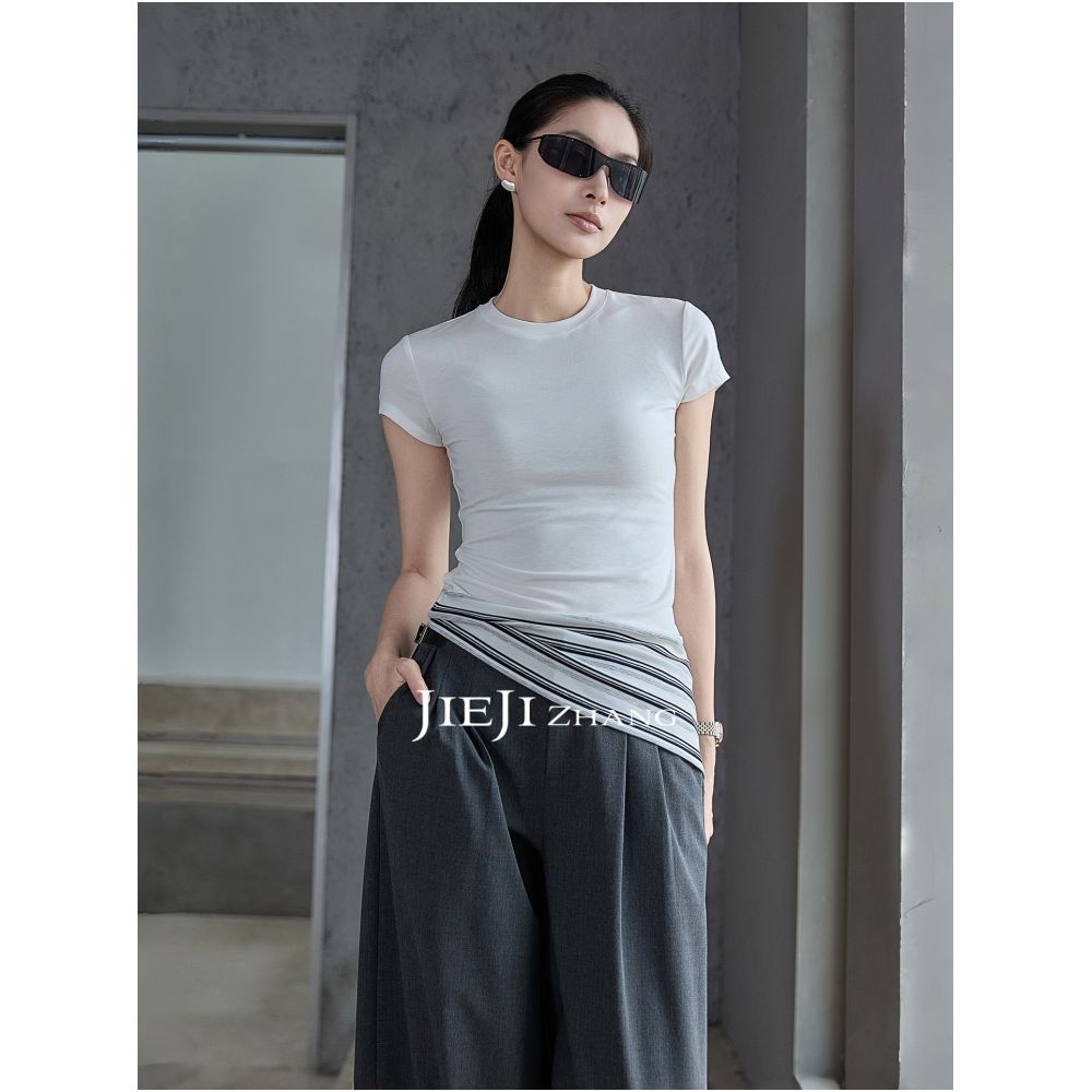Zhang Qi JIEJI Summer Retro Striped Patchwork Asymmetrical Hem Elegant Top Tencel Acetate Round Neck Women s Short Sleeve T Shirt image 3