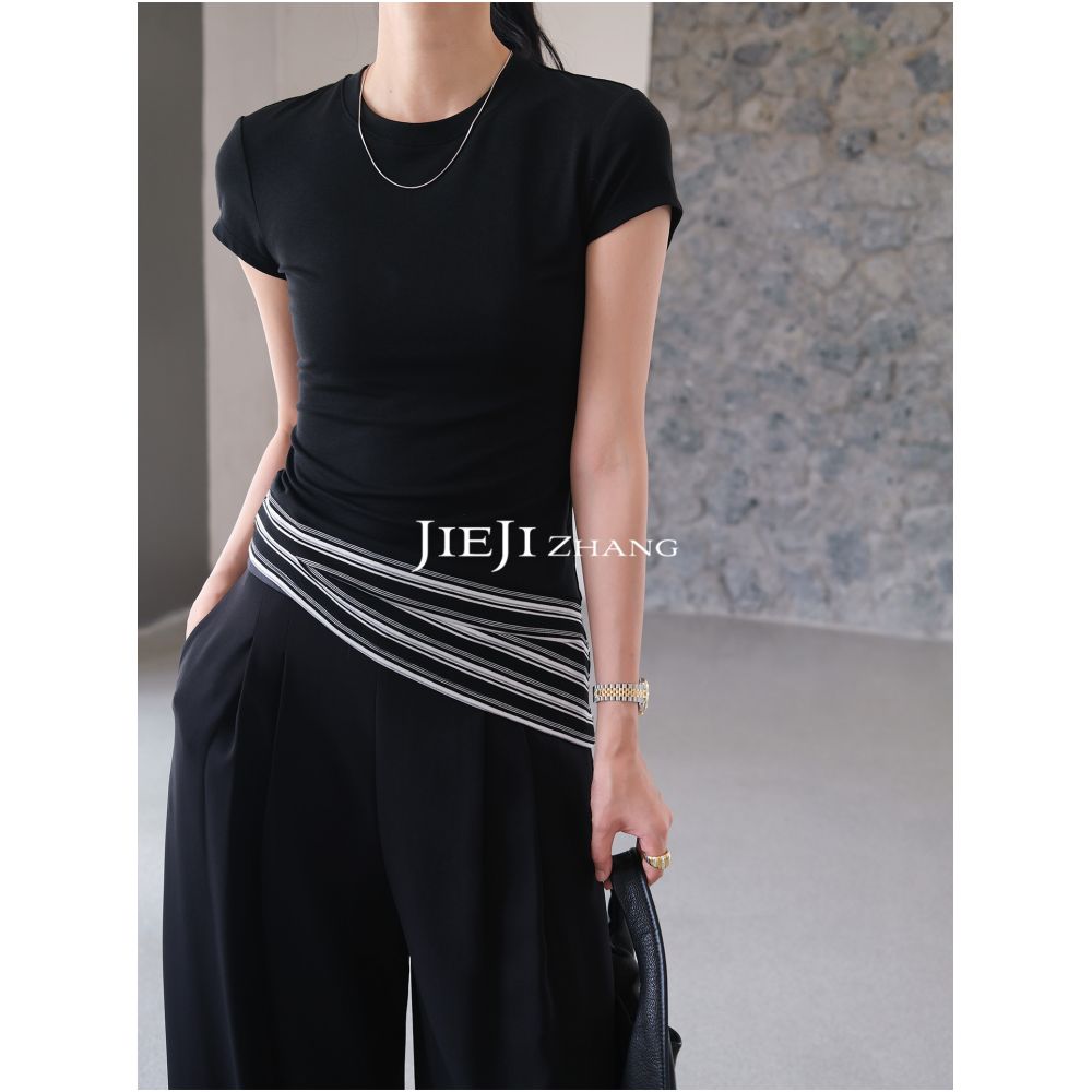 Zhang Qi JIEJI Summer Retro Striped Patchwork Asymmetrical Hem Elegant Top Tencel Acetate Round Neck Women s Short Sleeve T Shirt image 4