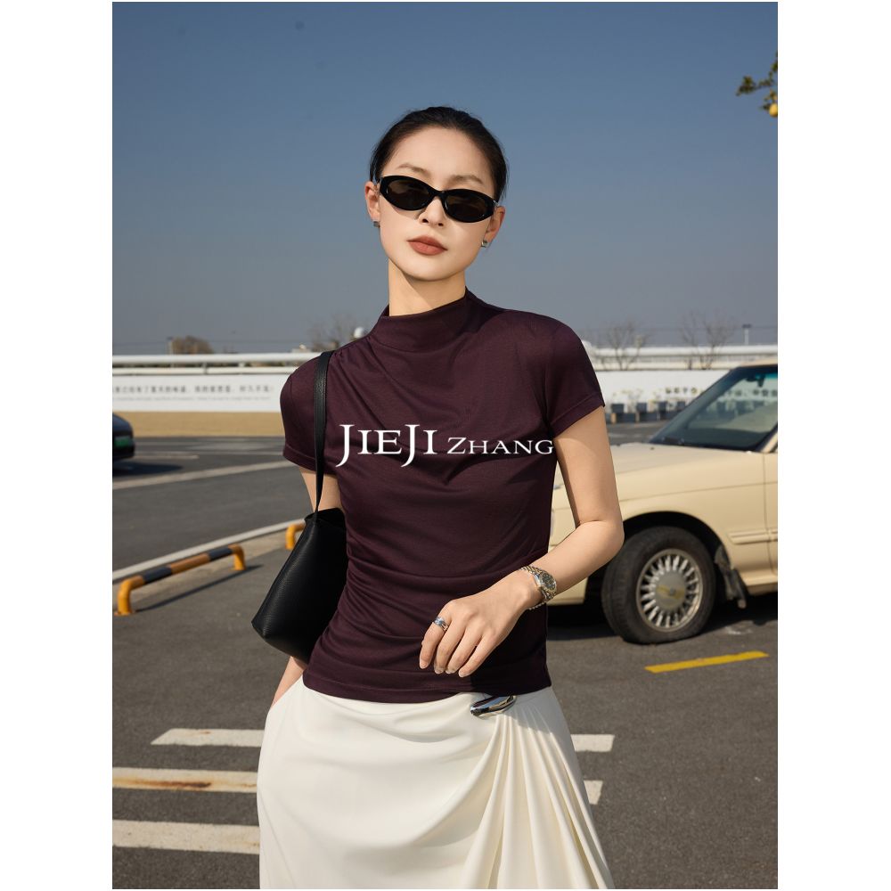 Zhang Qi JIEJI Summer Lyocell High End Custom Fashionable Versatile High Neck Irregular Short Sleeve T Shirt image 0