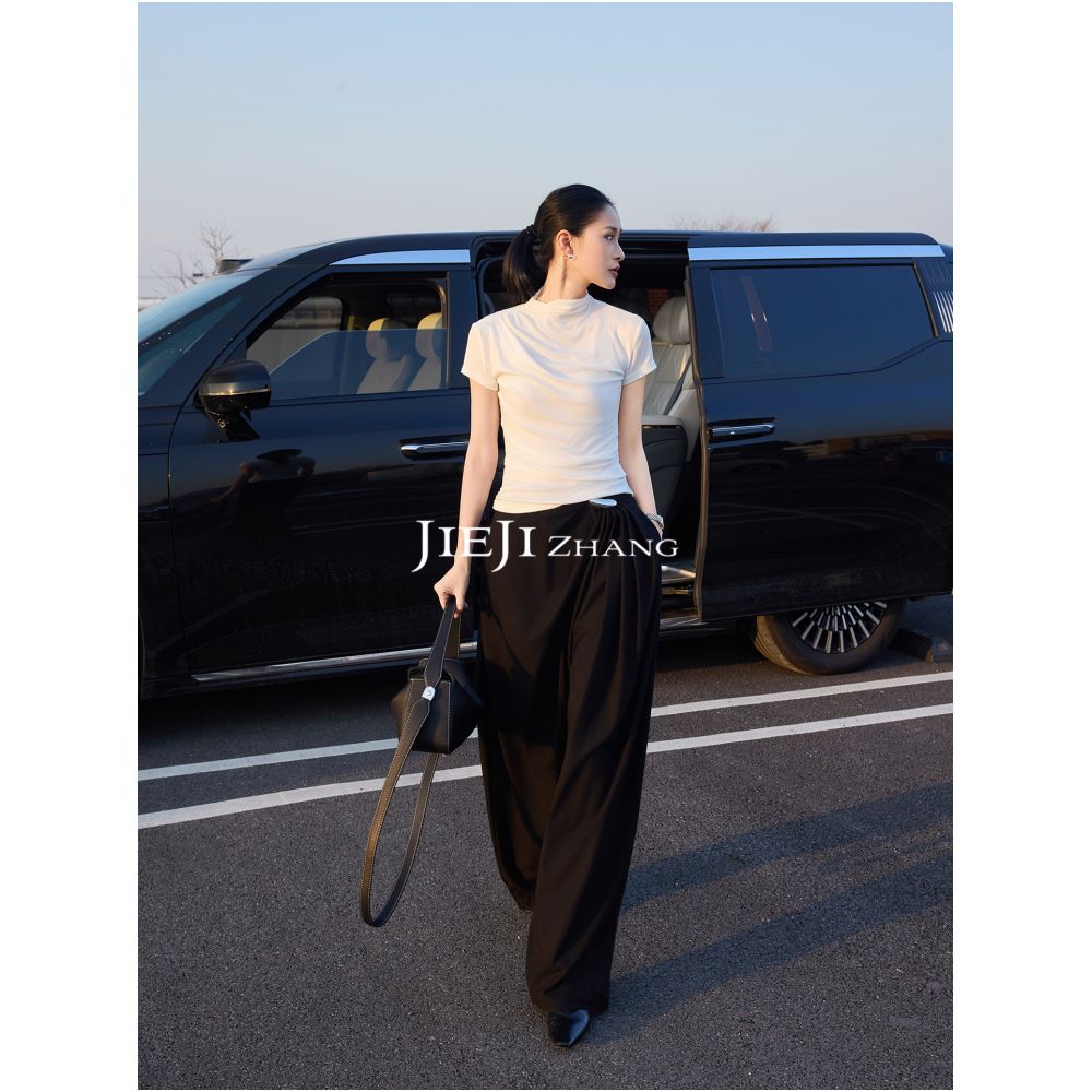 Zhang Qi JIEJI Summer Lyocell High End Custom Fashionable Versatile High Neck Irregular Short Sleeve T Shirt image 4