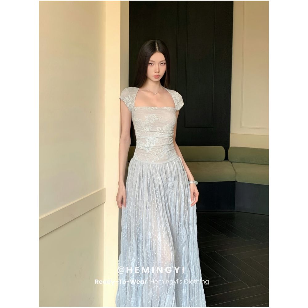 HeMingYi s Cool Sea Salt Summer Style Square Neck Slim Waist Lace Patchwork Long Short Sleeve Dress image 0