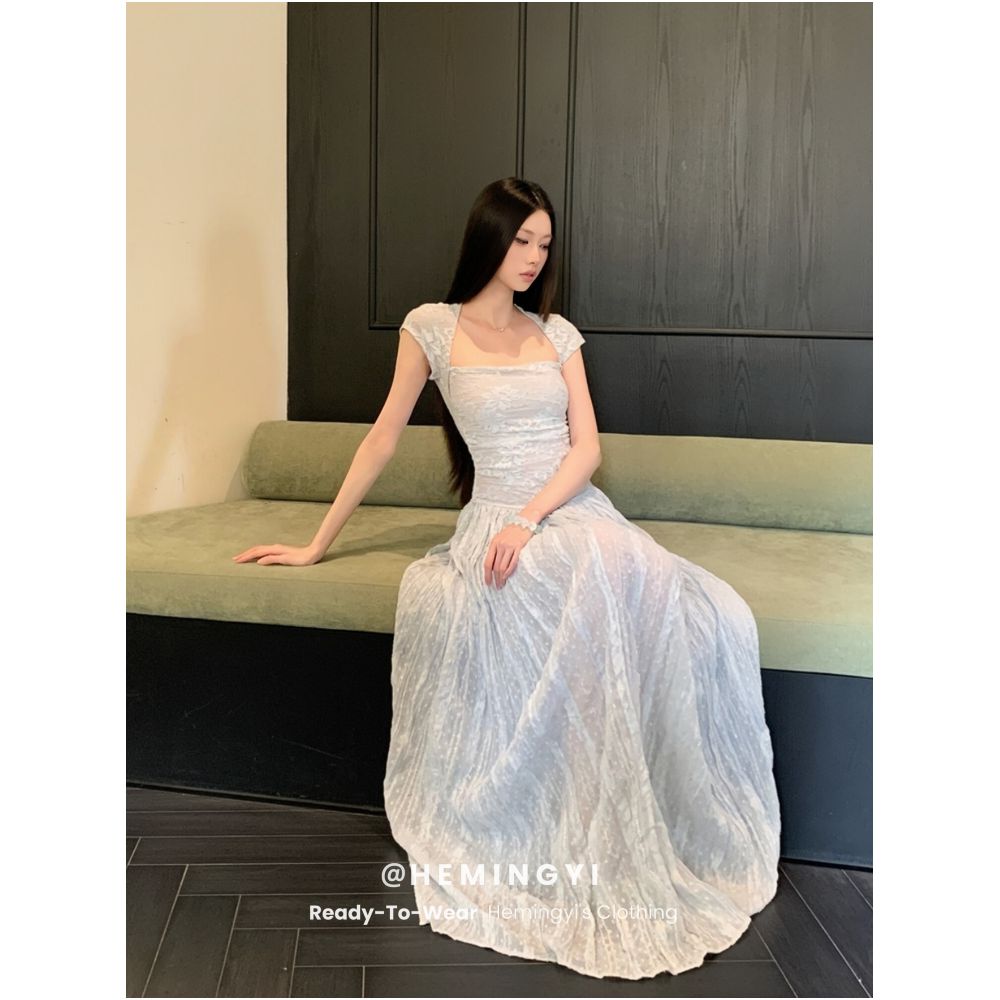 HeMingYi s Cool Sea Salt Summer Style Square Neck Slim Waist Lace Patchwork Long Short Sleeve Dress image 1