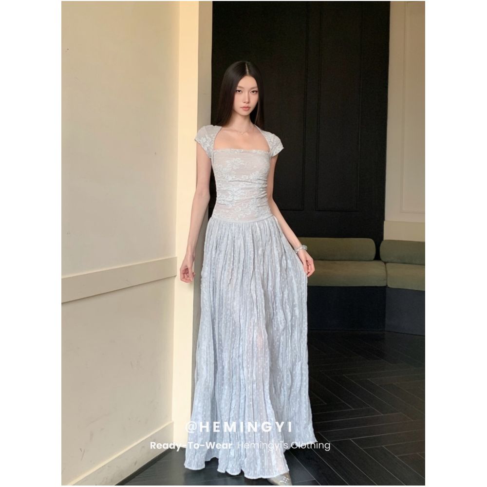 HeMingYi s Cool Sea Salt Summer Style Square Neck Slim Waist Lace Patchwork Long Short Sleeve Dress image 2