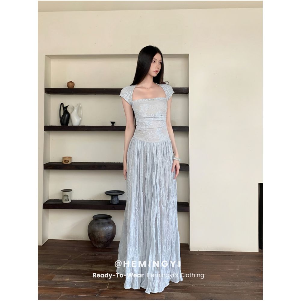 HeMingYi s Cool Sea Salt Summer Style Square Neck Slim Waist Lace Patchwork Long Short Sleeve Dress image 3