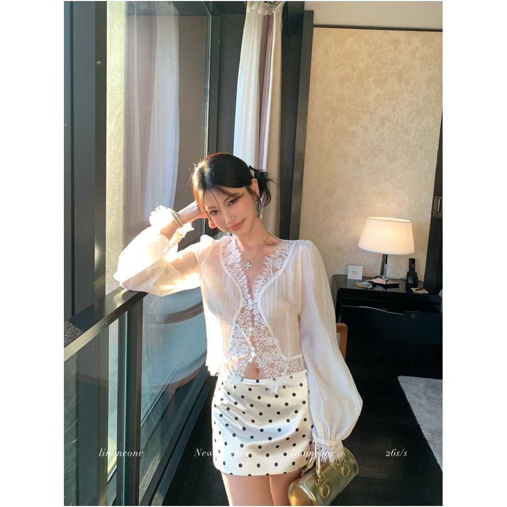LINONEONE s Exquisite White Floral Tencel Sheer Shirt with Eyelash Lace Trim Slimming Top image 3