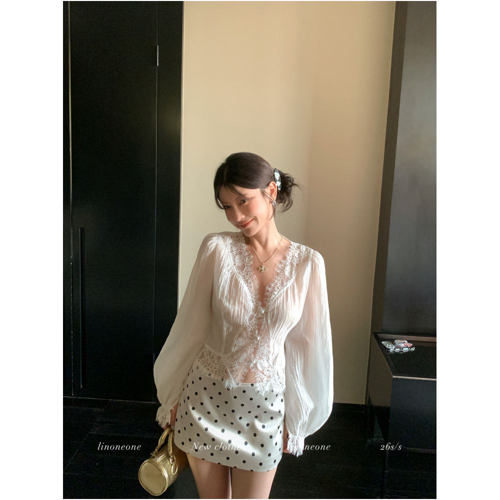 LINONEONE s Exquisite White Floral Tencel Sheer Shirt with Eyelash Lace Trim Slimming Top image 4