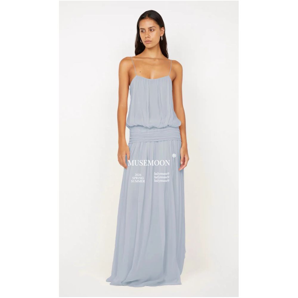 2 9MUSEMOON Australian BEC Misty Blue Flowy Waist cinching Slip Dress Exudes a Cool Relaxed and Elegant Feel image 3