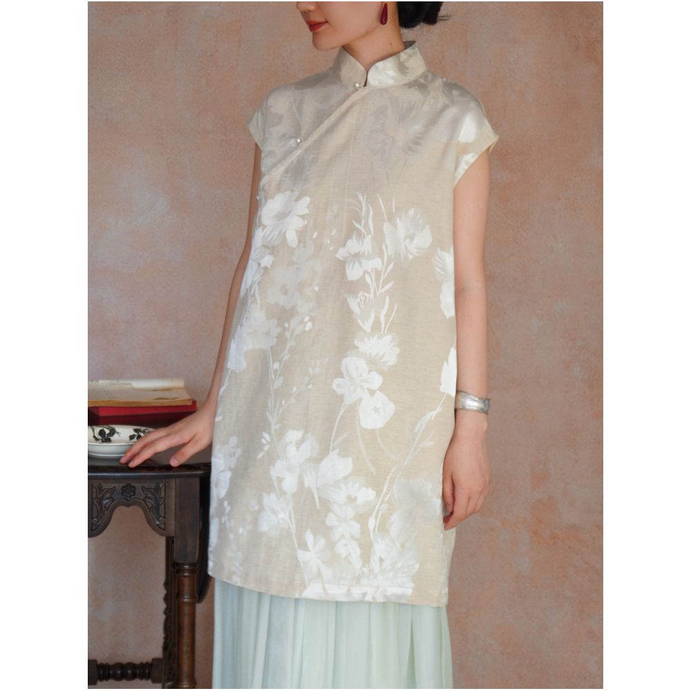 ASAYA7574 – Ivory Blossom Mandarin Long Top 🤍🌿