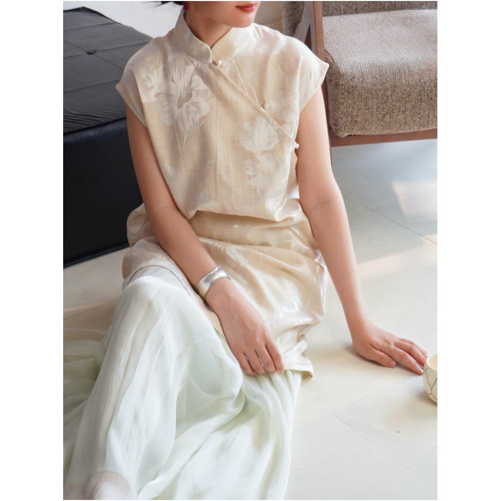 TAORAN Women s Chinese Style Modified Loose Cheongsam Dress Sleeveless Dress Suitable for Everyday Wear Youthful Style image 1