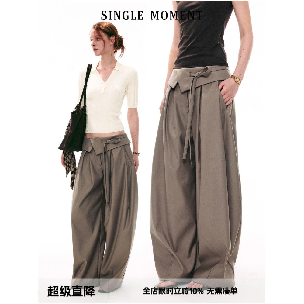 SINGLE MOMENT 26SS French style versatile wide leg trousers with cuffed hem and drawstring waist for women image 0