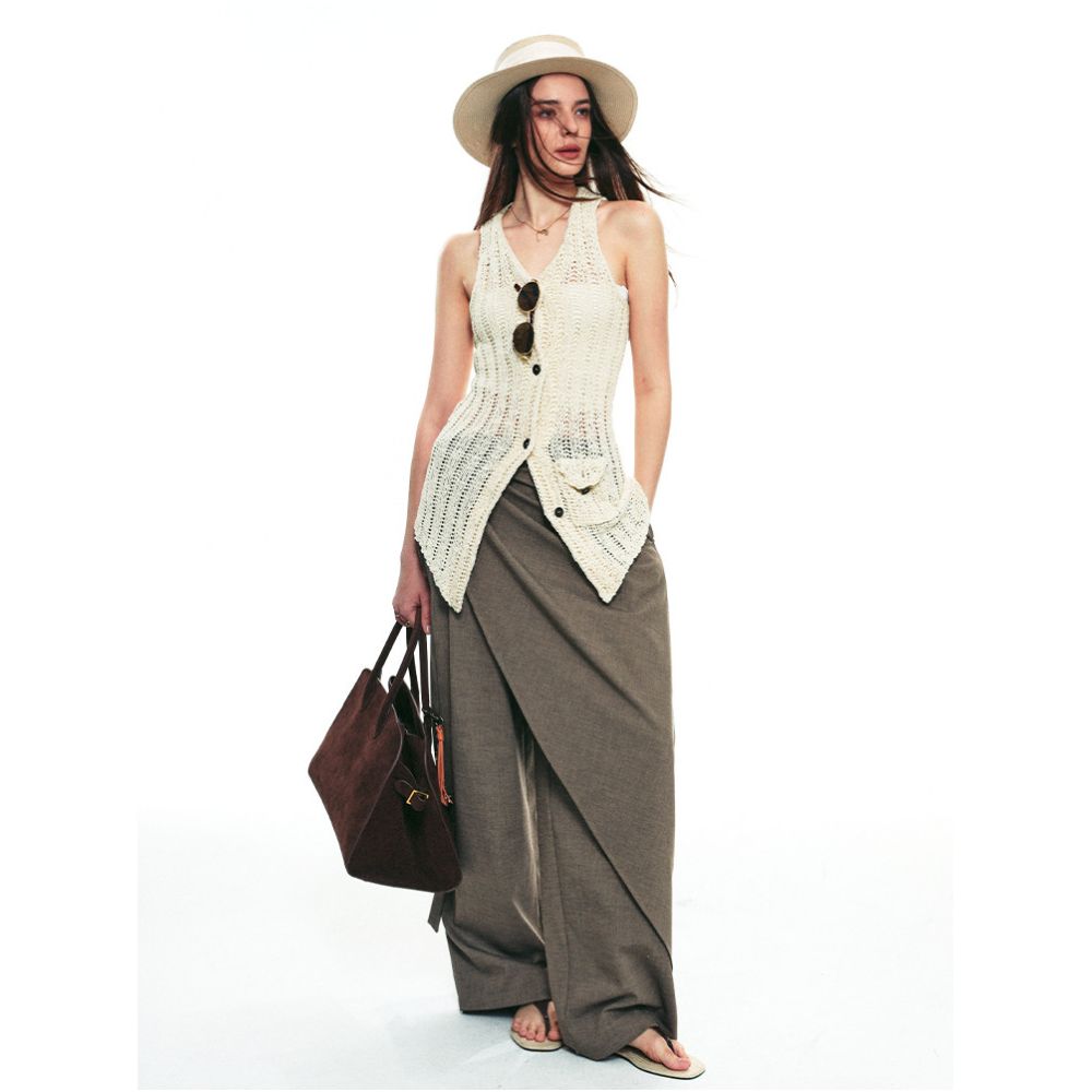SINGLE MOMENT 25SS Autumn New Style Wool Blend Multi Layer Ribbon Casual Wide Leg Trousers for Women image 2
