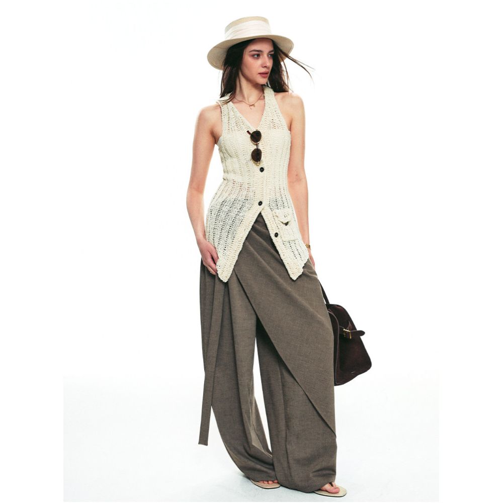 SINGLE MOMENT 25SS Autumn New Style Wool Blend Multi Layer Ribbon Casual Wide Leg Trousers for Women image 3