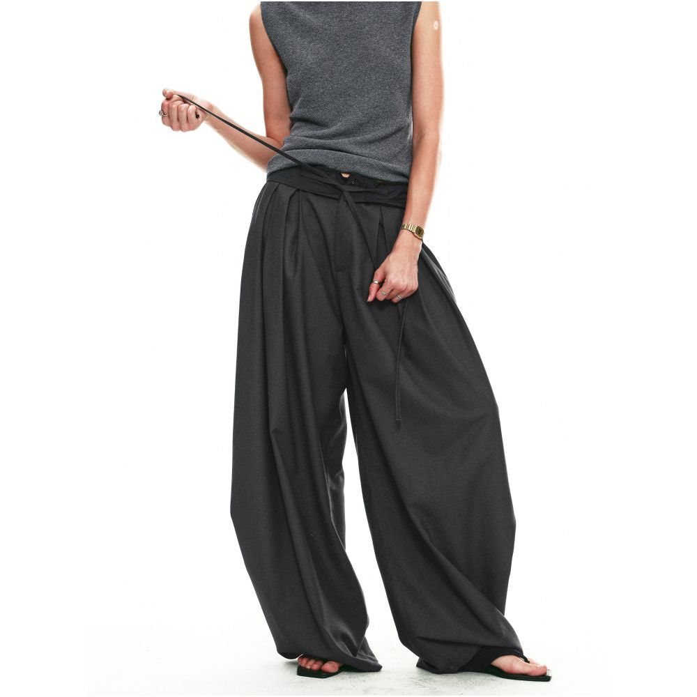 SINGLE MOMENT 26SS French Summer Style Ruffled Lace Color Block Waistband Casual Wide Leg Trousers for Women image 2