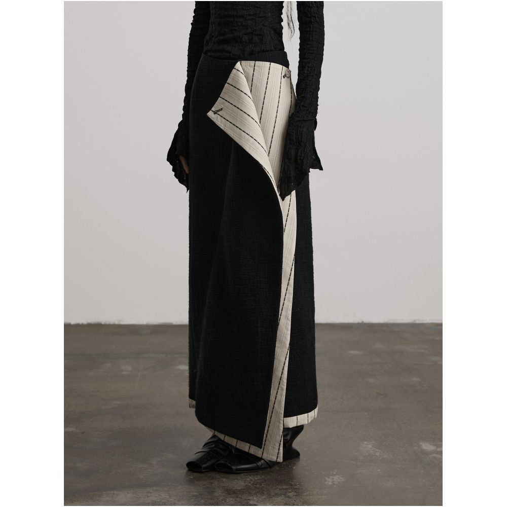 INDULGE Black and White Double Layer Patchwork Irregular Patchwork Midi Skirt for Women Straight Long Skirt image 0