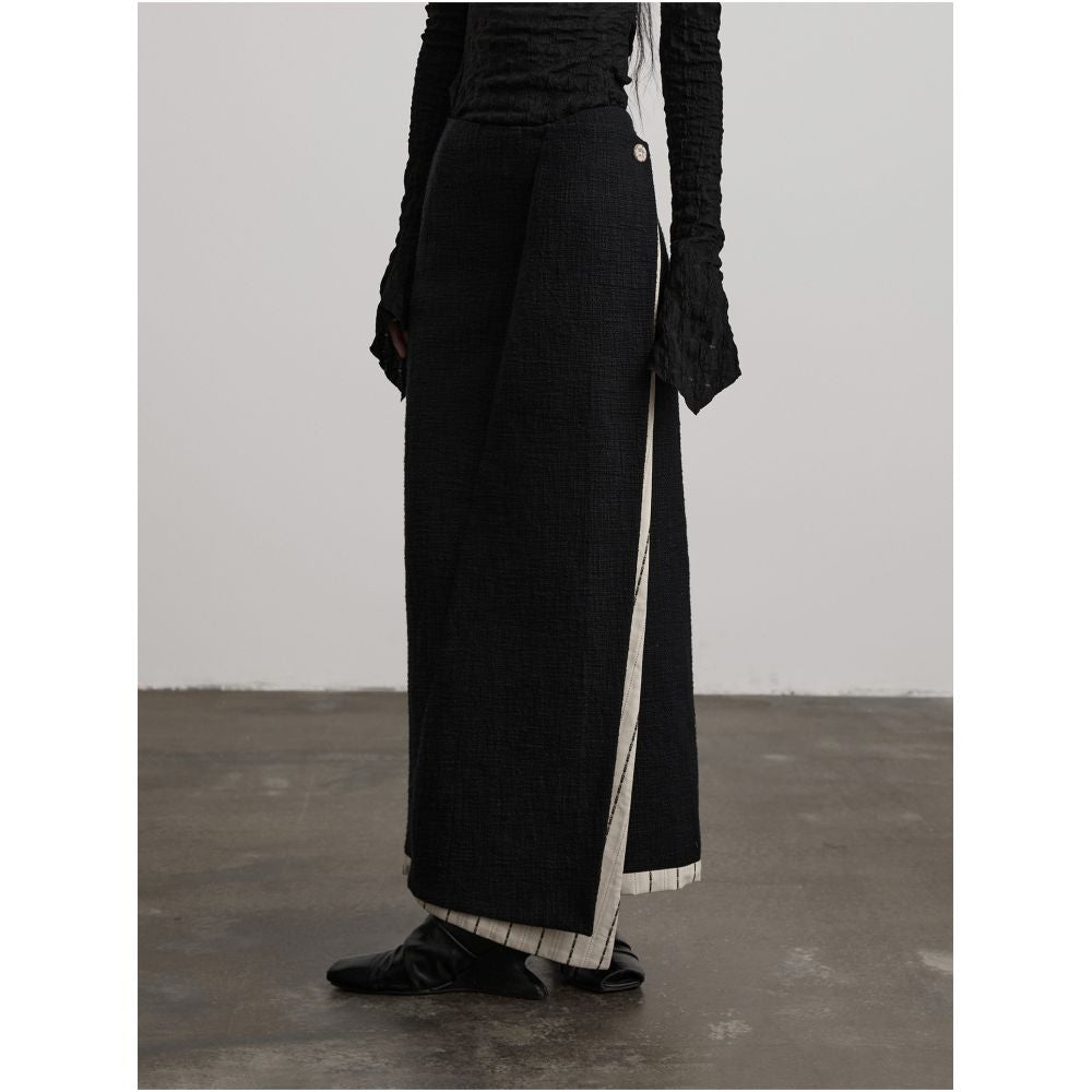 INDULGE Black and White Double Layer Patchwork Irregular Patchwork Midi Skirt for Women Straight Long Skirt image 2