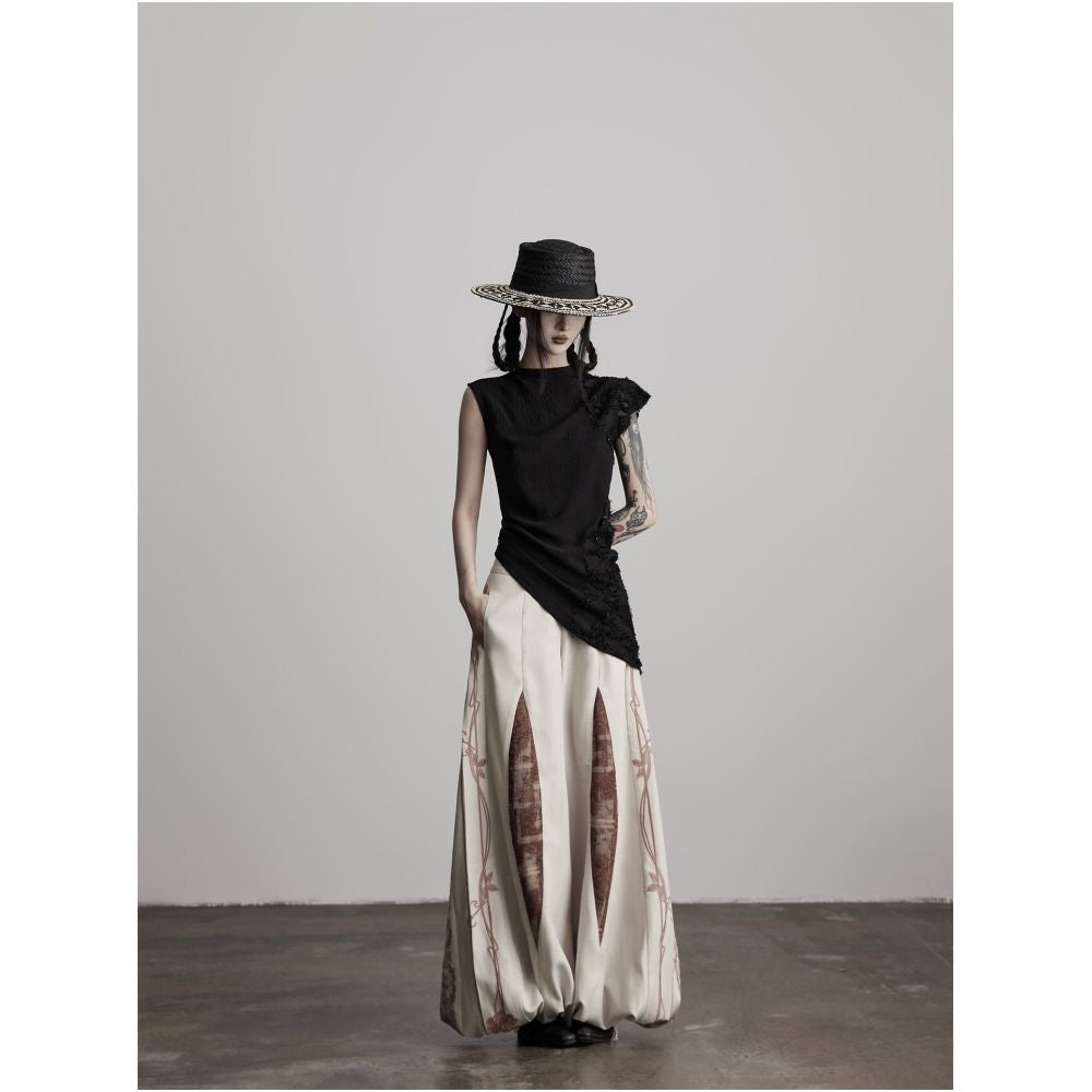 INDULGE Jacquard Patchwork Beaded Vest Irregular Slanted Hem Slim Fit Black T shirt image 2