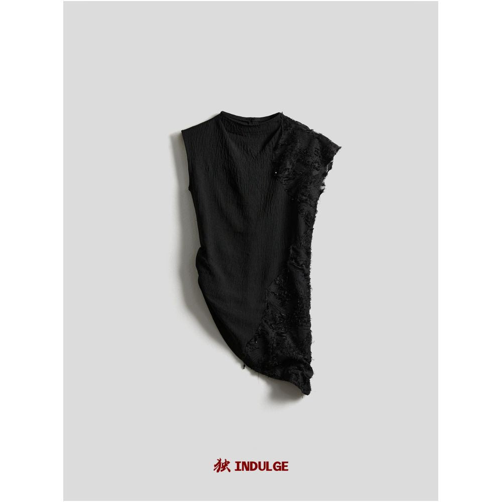 INDULGE Jacquard Patchwork Beaded Vest Irregular Slanted Hem Slim Fit Black T shirt image 4