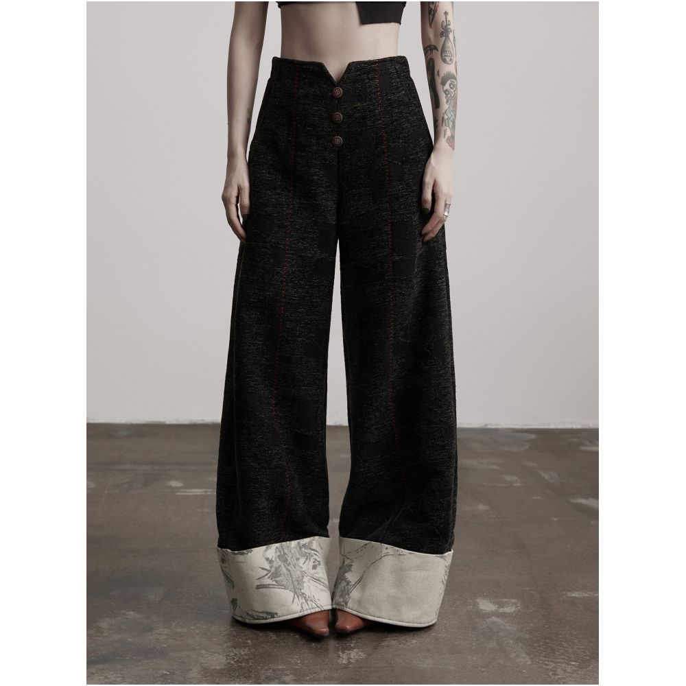 INDULGE Amber Wool Semi Elastic Embroidered Appliqu Rolled Hem Curved Straight Leg Casual Wide Leg Trousers for Women image 0
