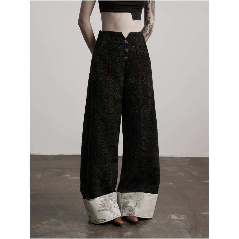 INDULGE Amber Wool Semi Elastic Embroidered Appliqu Rolled Hem Curved Straight Leg Casual Wide Leg Trousers for Women image 2