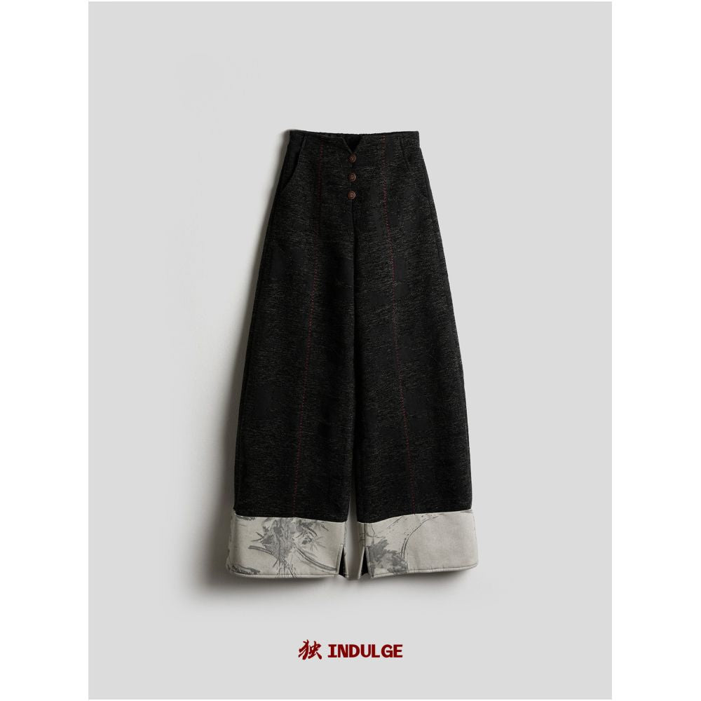 INDULGE Amber Wool Semi Elastic Embroidered Appliqu Rolled Hem Curved Straight Leg Casual Wide Leg Trousers for Women image 4