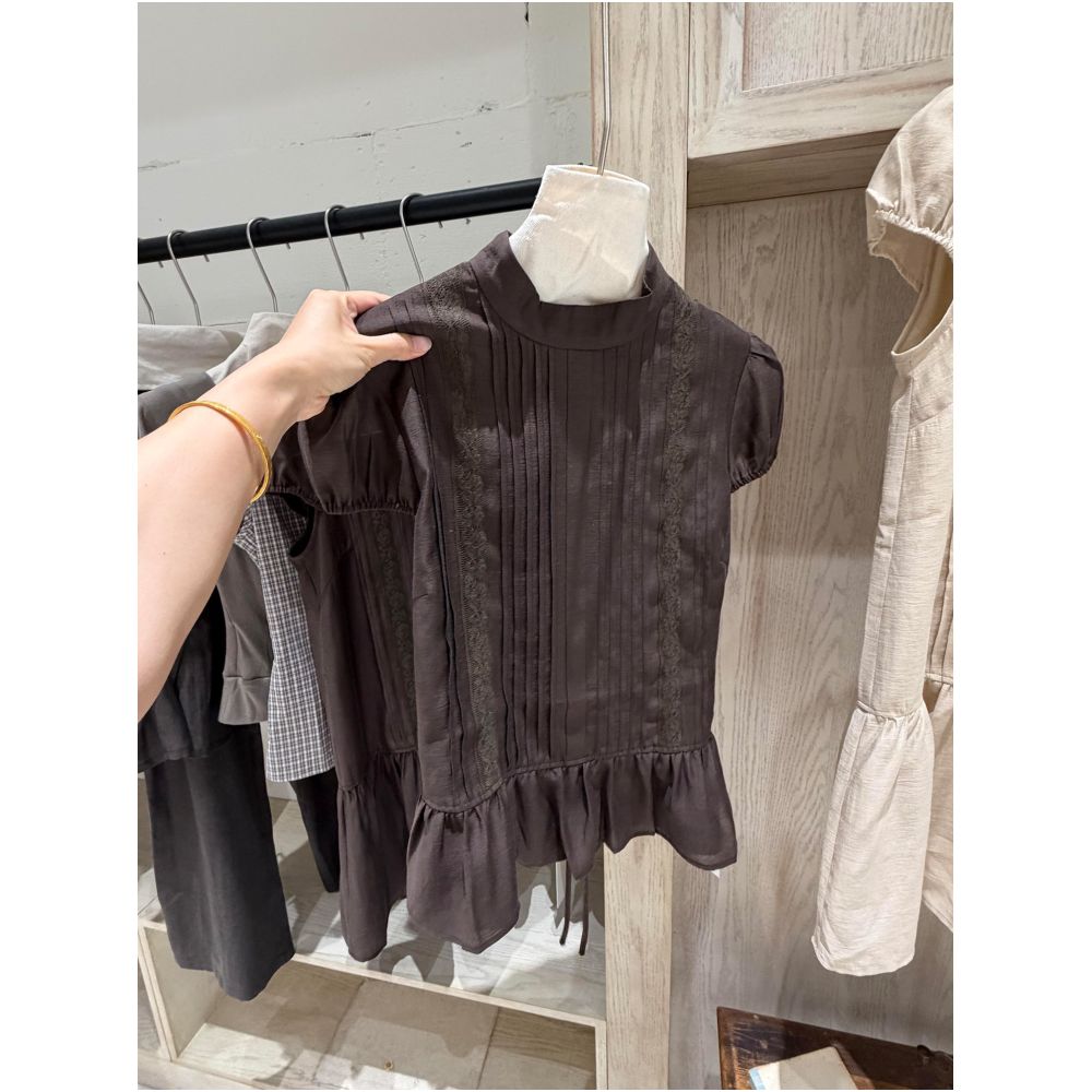 STUDIO s New Year s Greeting Coffee Brown High Neck Lace Puff Sleeve Blouse for Women with a Retro and High End Feel and Pleated Design image 0