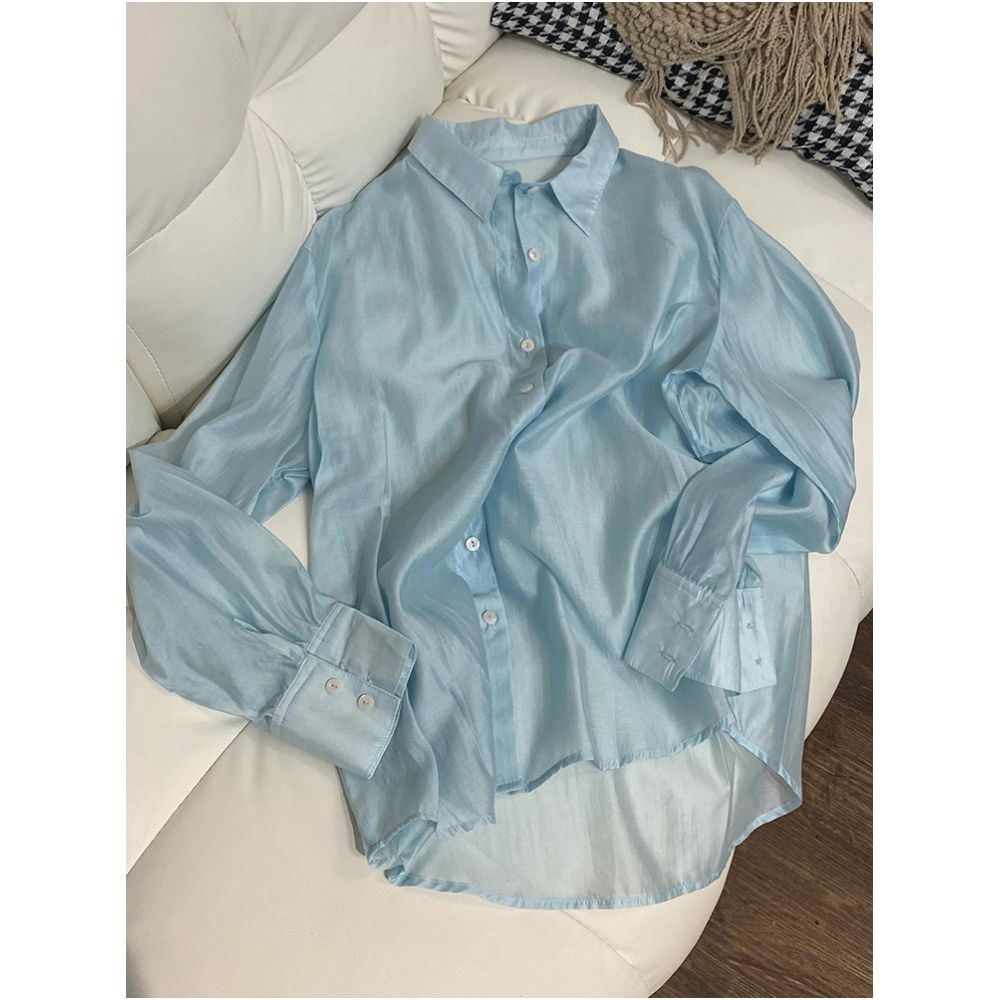 Shenzhen Nanyou high end brand women s blue loose fitting slimming collared Tencel shirt thin sun protection shirt air conditioning shirt image 0