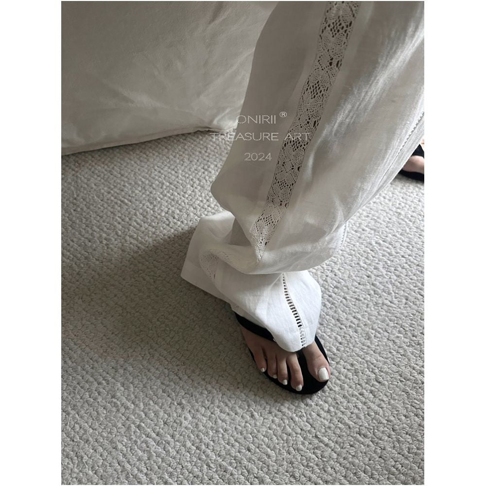 In Stock First Release Online Relaxed and Natural Style Lace Trimmed High Waisted Casual Pants with Hollow Out Design Perfect for Vacations image 0