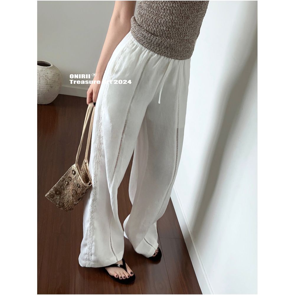 In Stock First Release Online Relaxed and Natural Style Lace Trimmed High Waisted Casual Pants with Hollow Out Design Perfect for Vacations image 2