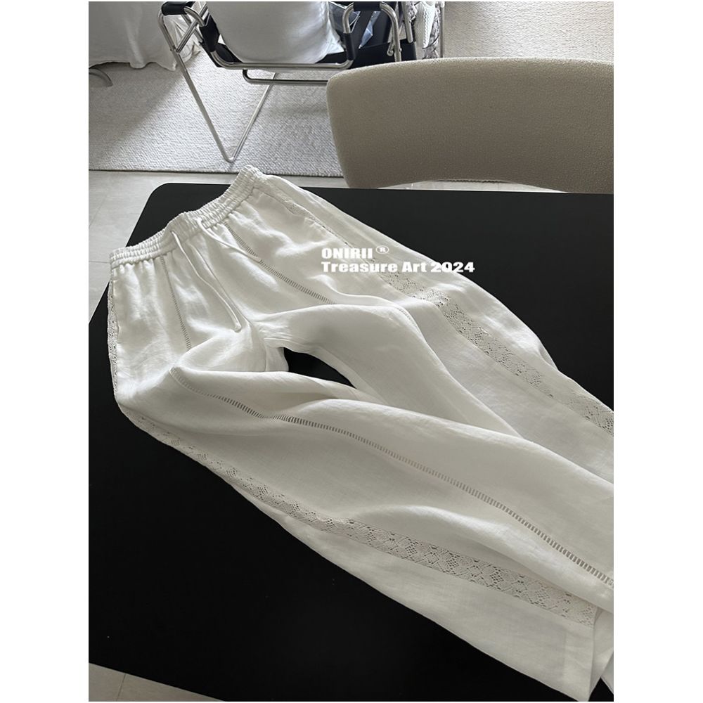In Stock First Release Online Relaxed and Natural Style Lace Trimmed High Waisted Casual Pants with Hollow Out Design Perfect for Vacations image 4
