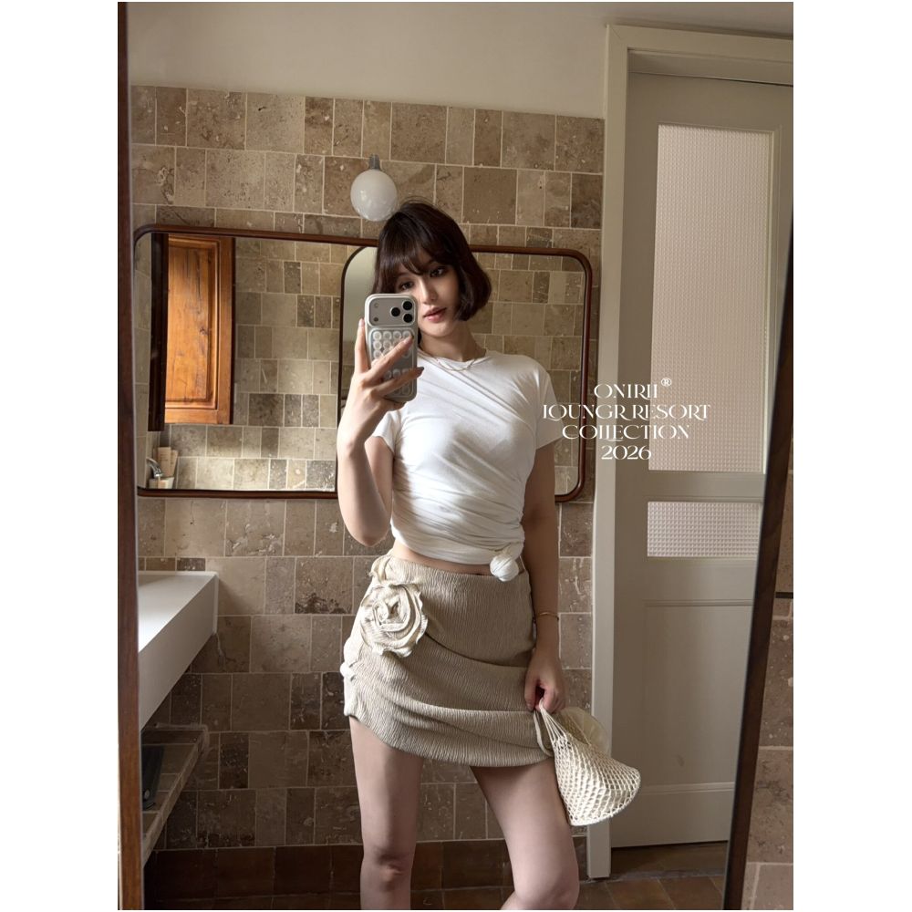 6 19 Magda Exquisite Resort Collection Linen Gold Pleated 3D Floral Slim Fit Midi Skirt image 2