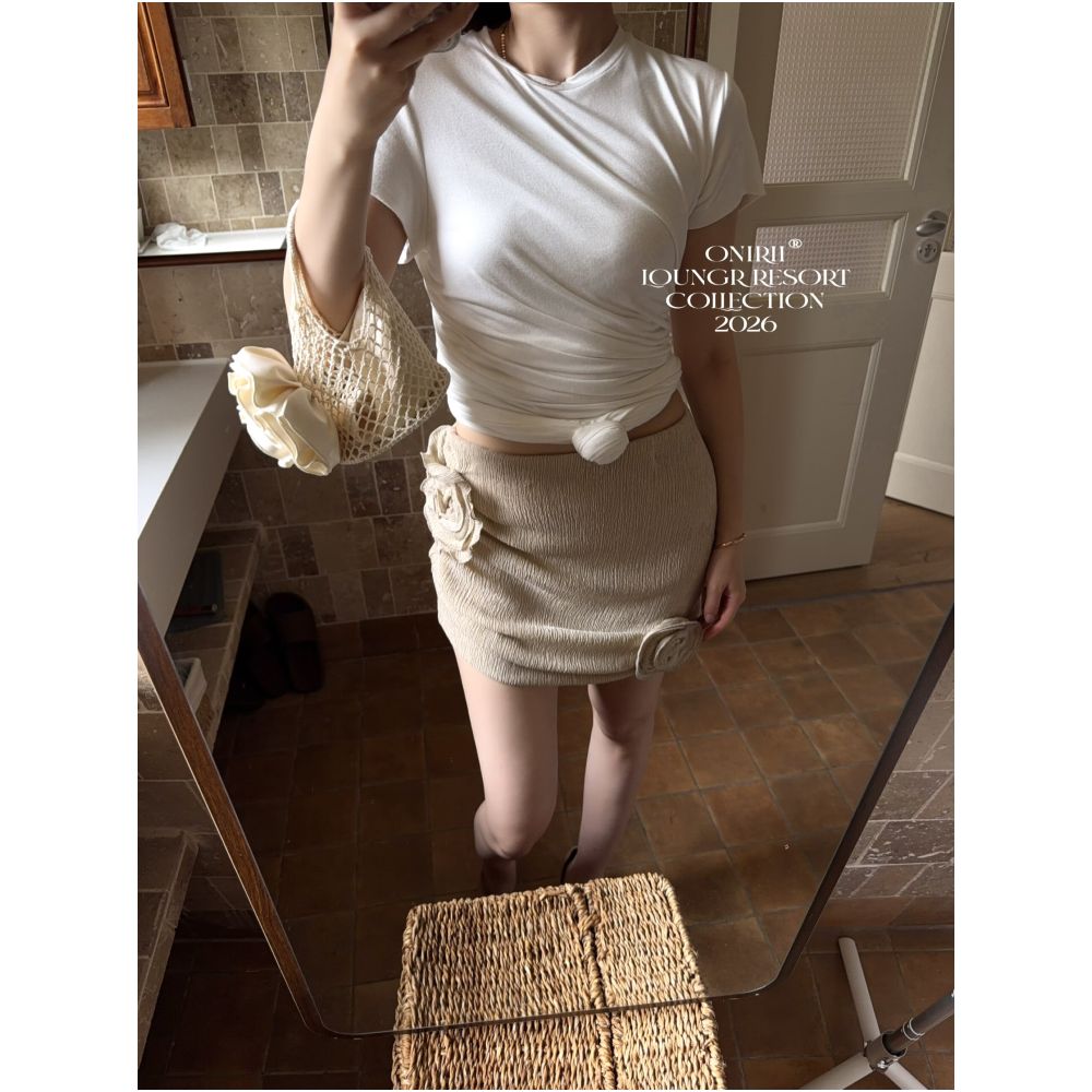 6 19 Magda Exquisite Resort Collection Linen Gold Pleated 3D Floral Slim Fit Midi Skirt image 3