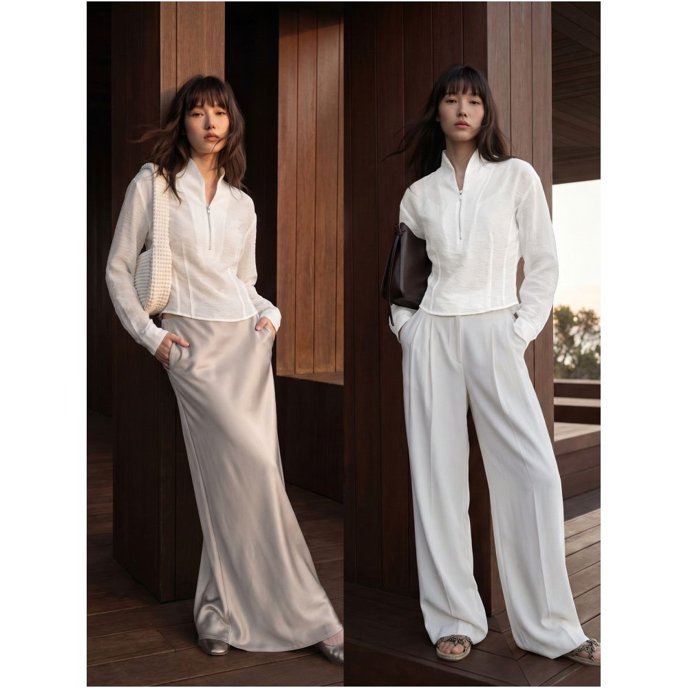 COMMON VALUE Cloud Slimming Spring Zen Inspired Collar Half Zipper Top Smart and Slim Fit White Shirt image 2