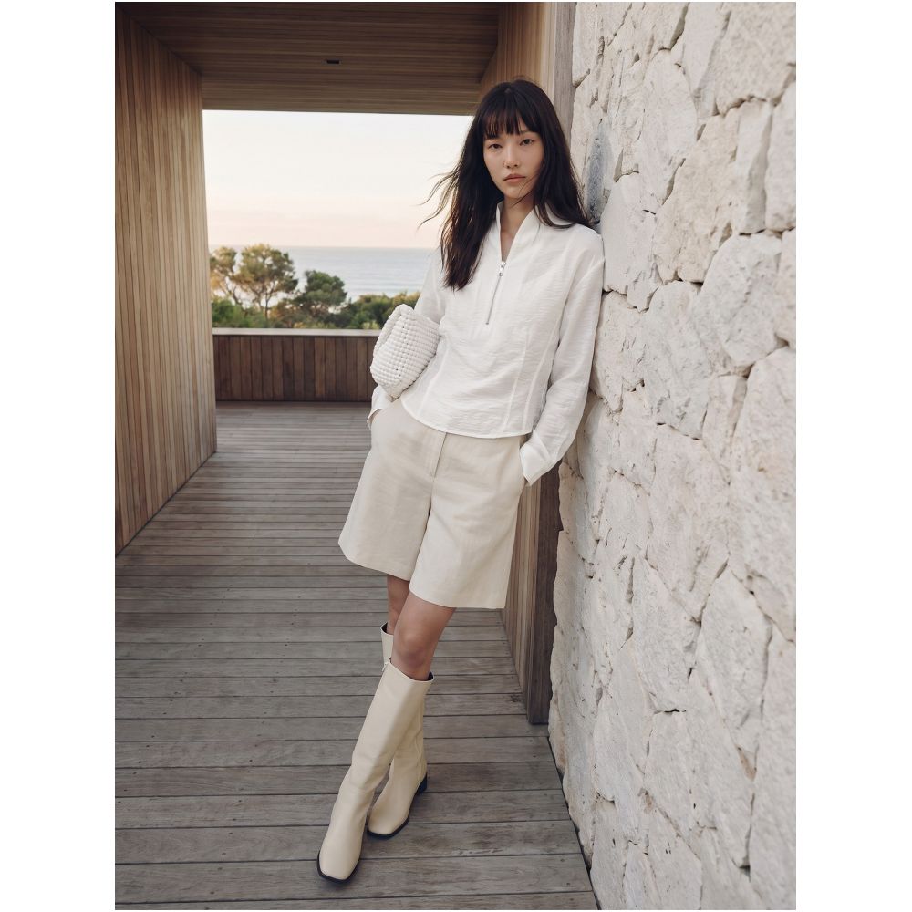 COMMON VALUE Cloud Slimming Spring Zen Inspired Collar Half Zipper Top Smart and Slim Fit White Shirt image 3