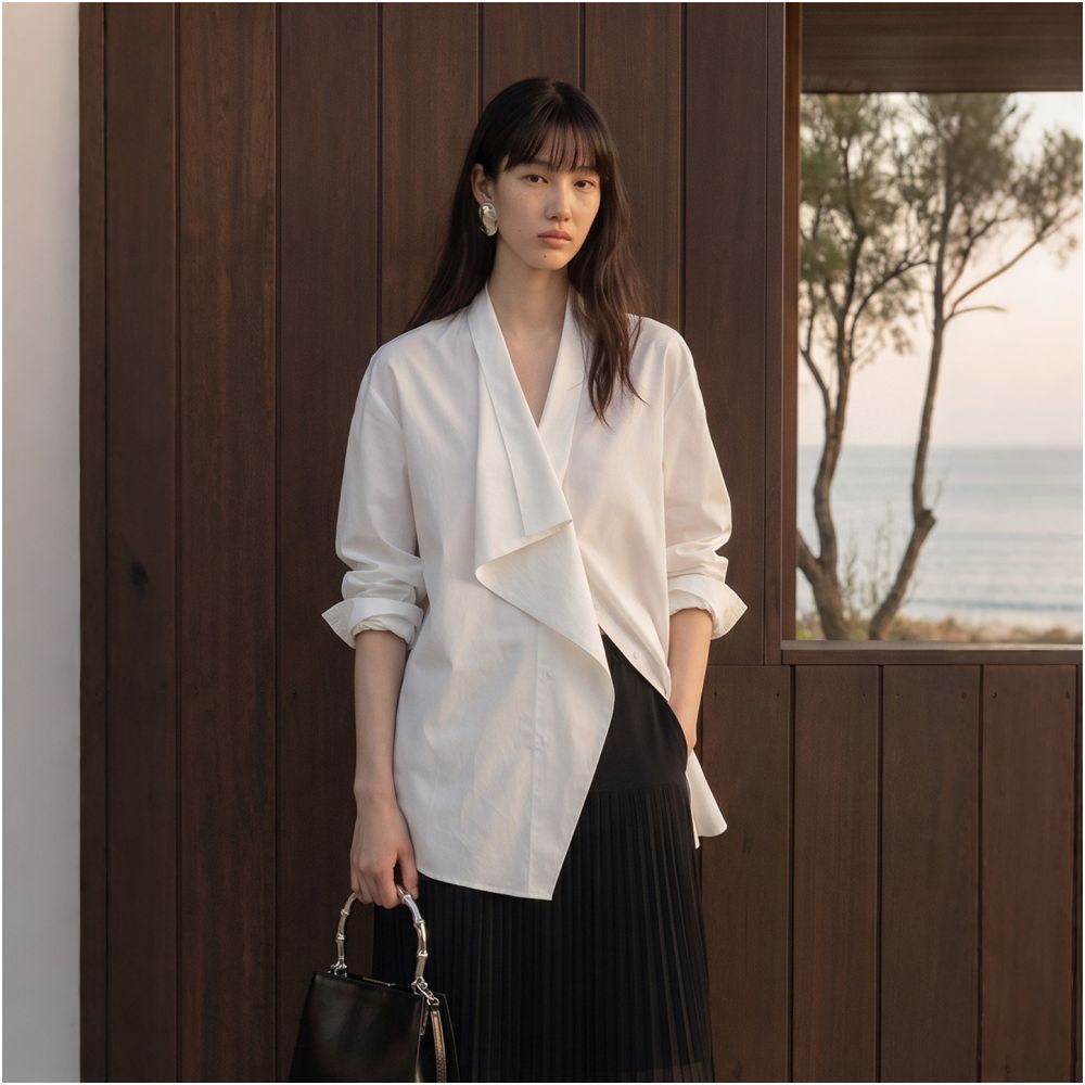 ASAYA7600 – Ivory Cascade Draped Shirt 🤍✨