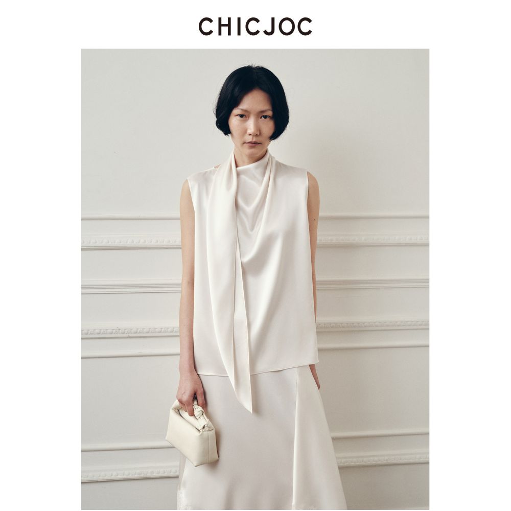 CHICJOC Multi Wear Scarf Style Pleated Vest Exclusive Upgraded Japanese Triacetate Double Sided Satin Fine Rolled Edge Vest image 0