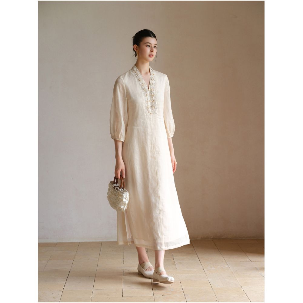 First Zen 100 Ramie New Chinese Style Dress for Women Summer New Style Chinese Style Zen Temperament Beaded Lantern Sleeve Long Dress image 0