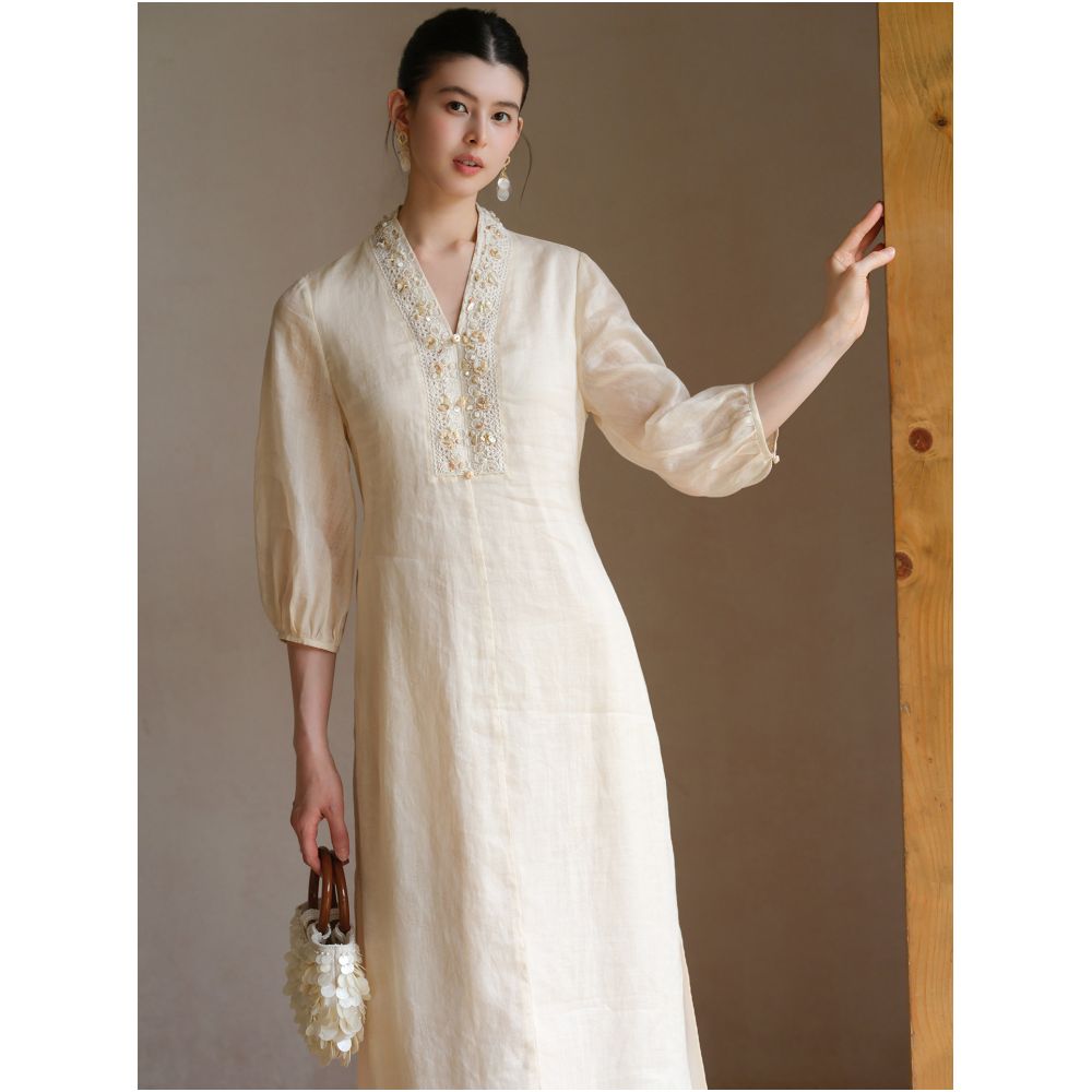 First Zen 100 Ramie New Chinese Style Dress for Women Summer New Style Chinese Style Zen Temperament Beaded Lantern Sleeve Long Dress image 1