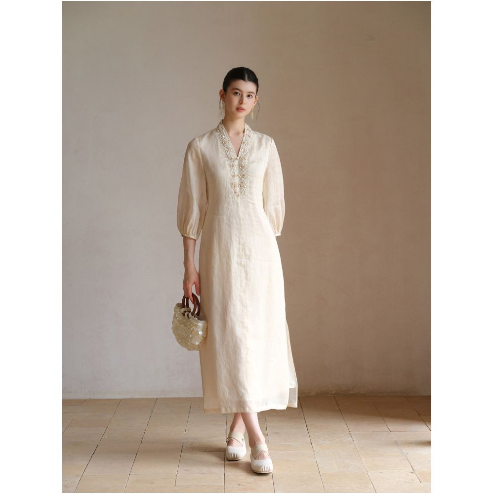 First Zen 100 Ramie New Chinese Style Dress for Women Summer New Style Chinese Style Zen Temperament Beaded Lantern Sleeve Long Dress image 2