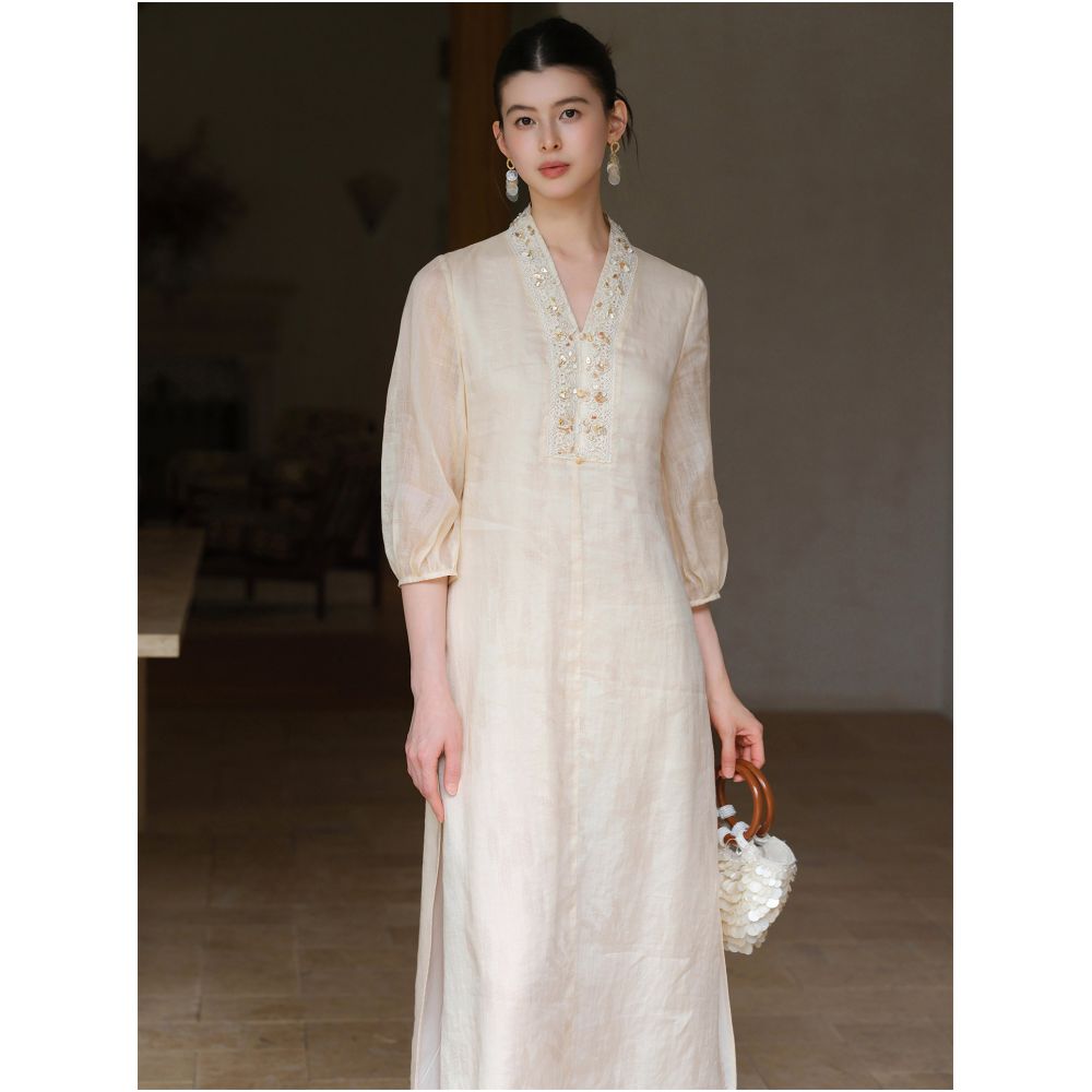 First Zen 100 Ramie New Chinese Style Dress for Women Summer New Style Chinese Style Zen Temperament Beaded Lantern Sleeve Long Dress image 4