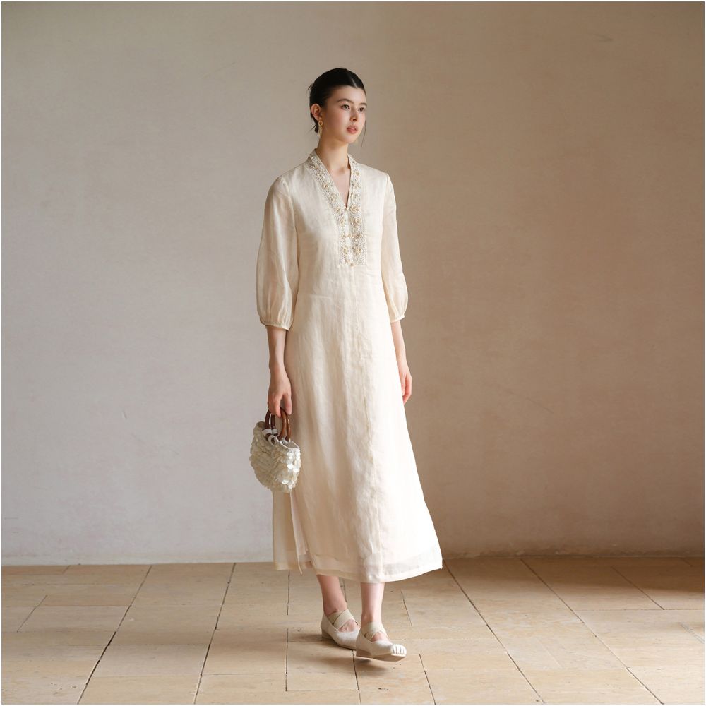 ASAYA7611 – Ivory Heirloom Linen Dress 🤍✨