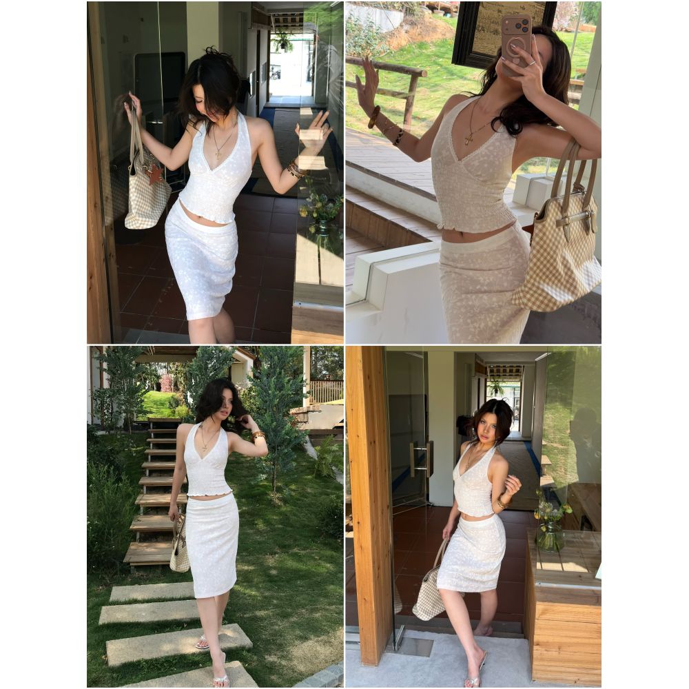 Audwyn Retro Jacquard V Neck Vest for Women New Summer Style Elastic Slim Fit Textured Simple Skirt Set image 3