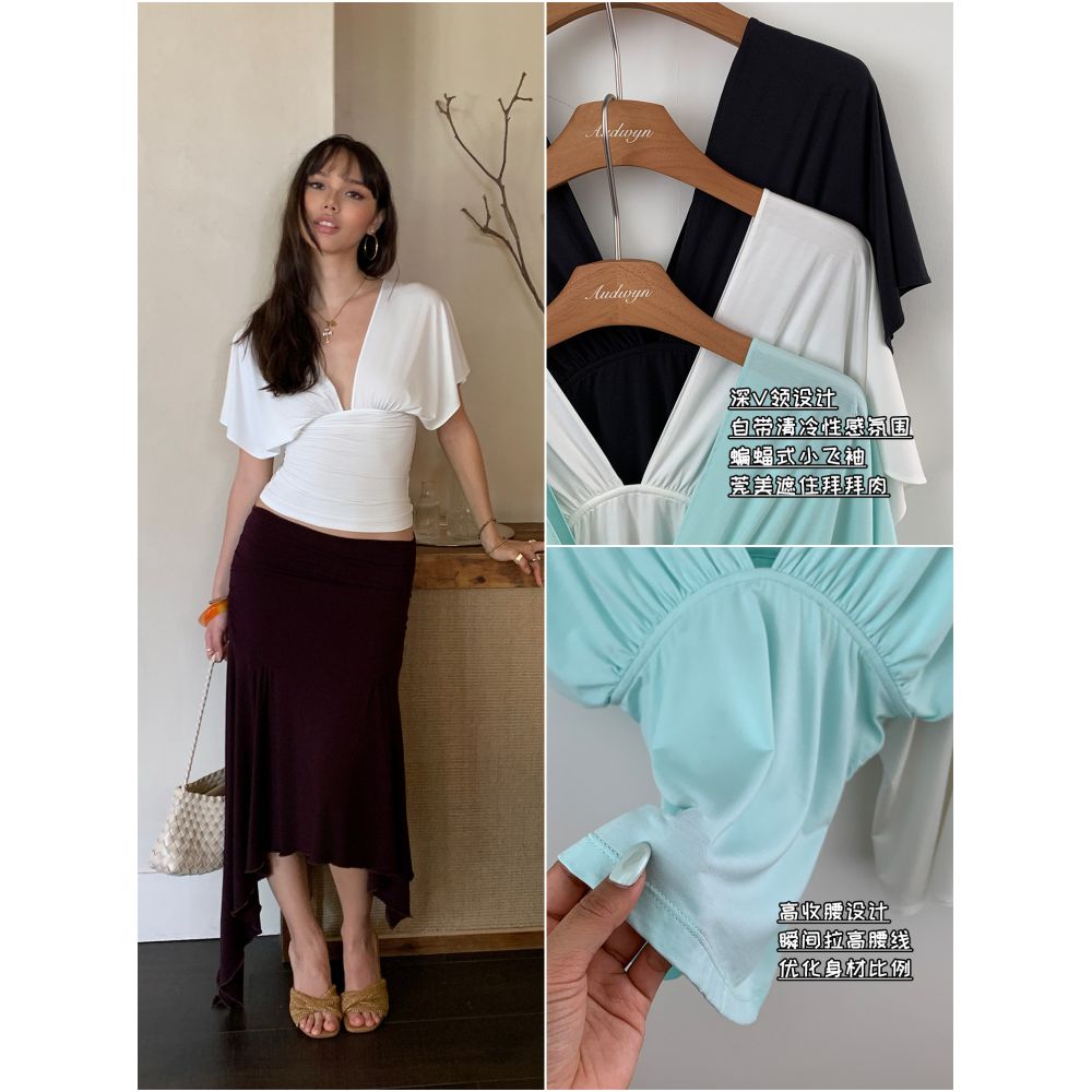 Audwyn Deep V Short Sleeve T Shirt for Women Summer Batwing Sleeve Slim Fit Sexy French Style Flattering and Elegant Versatile Top image 1