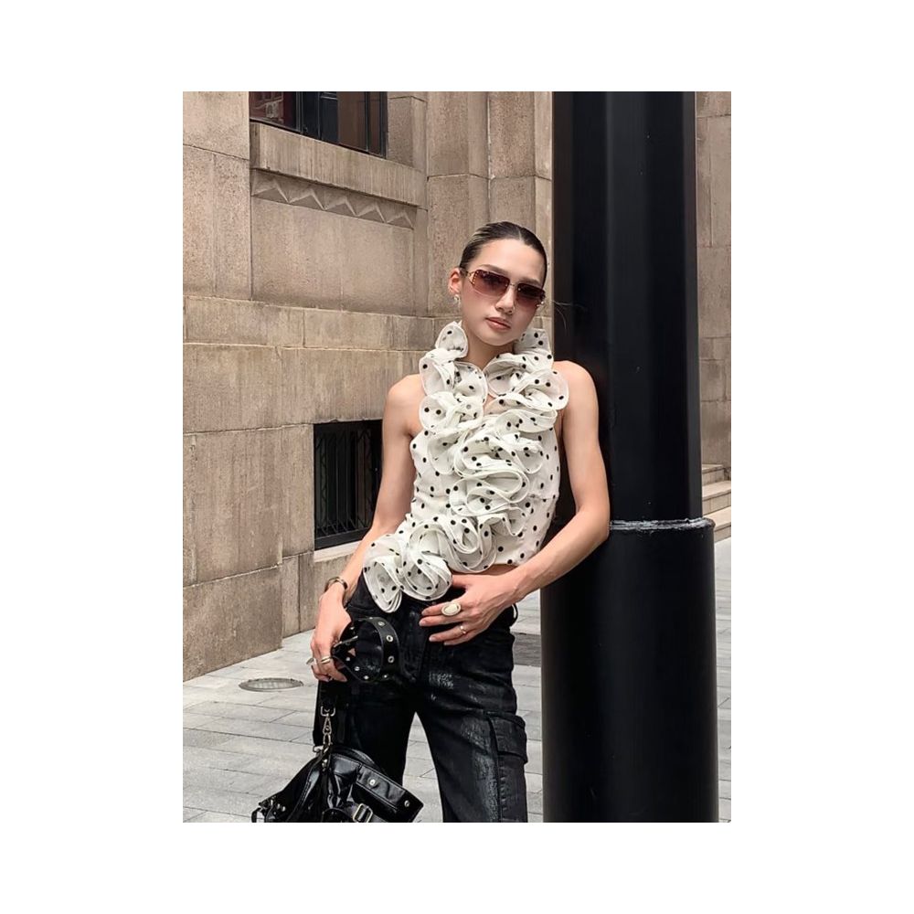 Erosi s trendy off the shoulder ruffled floral halter neck backless polka dot top with a sassy slimming silhouette image 1