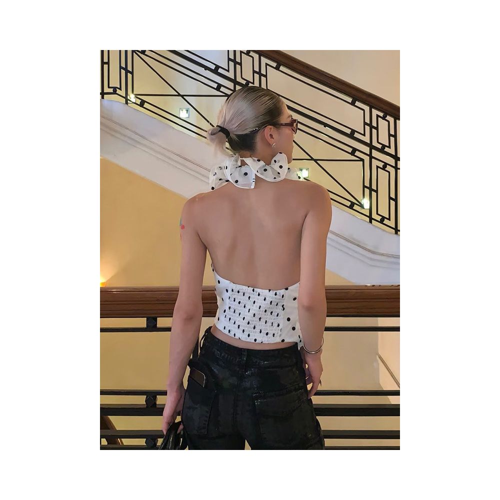Erosi s trendy off the shoulder ruffled floral halter neck backless polka dot top with a sassy slimming silhouette image 3