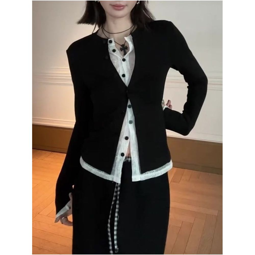 Korean style color blocked lace trimmed black faux two piece long sleeved top for women new autumn 2026 fashion design image 1